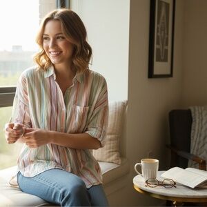 American Eagle Oversized Striped Button-Down Shirt – Size L